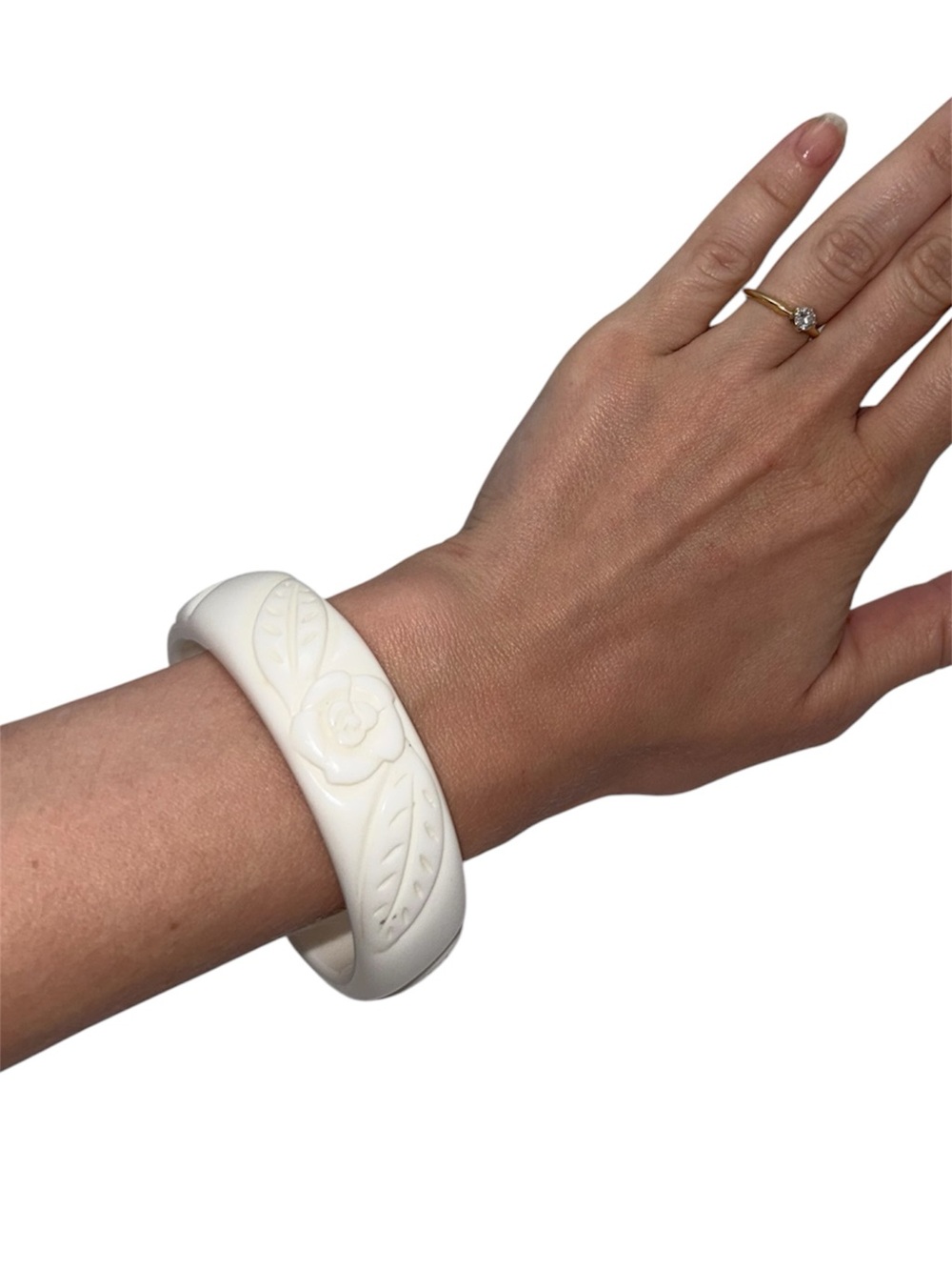 Vintage Carved Floral Bangle Bracelet Lucite Plastic White Statement Jewelry
